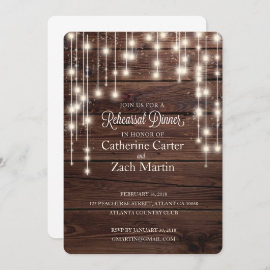 Rehearal Dinner Rustic Wood Bistro Light Invite Kaart (Voorkant / Achterkant)