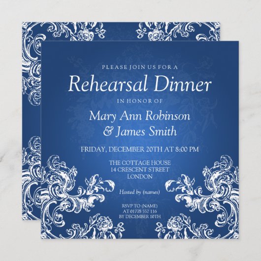 Rehearal Dinner  Swirls 2 Sapphire Blue Kaart (Voorkant / Achterkant)