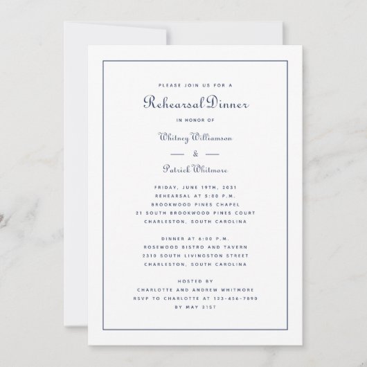 Rehearal Dinner Wedding Elegant Script Blue White Kaart (Voorkant)