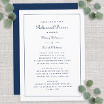 Rehearal Dinner Wedding Elegant Script Blue White Kaart<br><div class="desc">Klassieke trouwrepetitie voor het diner is voorzien van elegant script in romantisch marineblauw op een scherpe witte achtergrond. De achterkant van de uitnodiging komt overeen en is stevig in blauw. Woorden zijn geschikt voor een traditioneel en formeel kerkhuwelijk. Gebruik de eenvoudige moderne sjabloon om voorbeeldtekst met uw details te vervangen....</div>