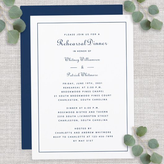 Rehearal Dinner Wedding Elegant Script Blue White Kaart