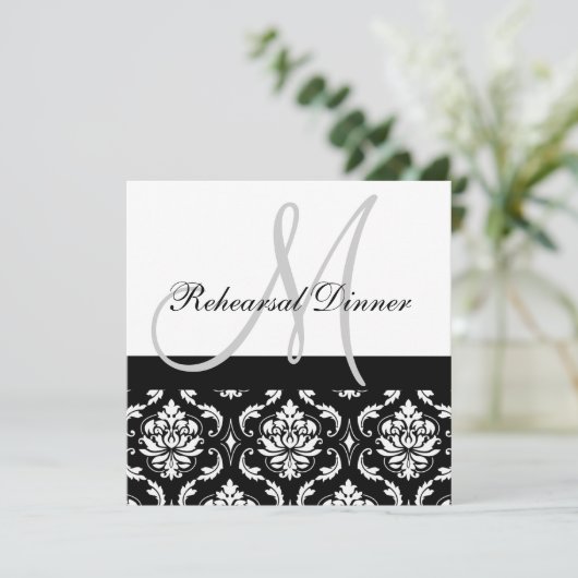 Rehearings diner Uitnodiging Monogram Names Damask (Staand voorkant)