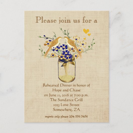 Rehearings Dinner Mason Jar Wild Flower Tortelduif Uitnodiging Briefkaart (Voorkant)