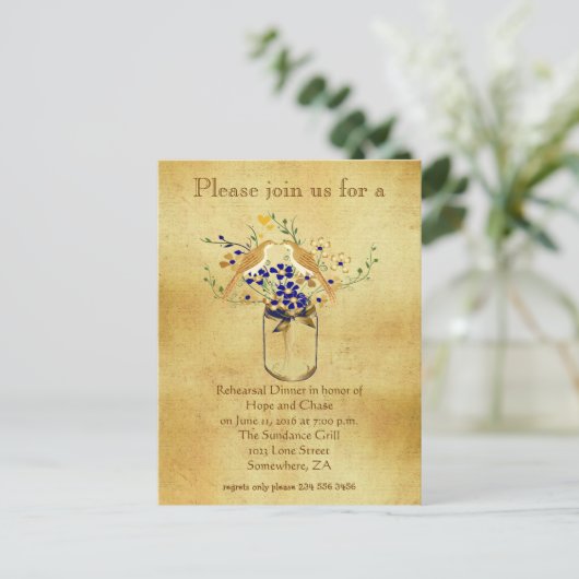 Rehearings Dinner Mason Jar Wild Flower Tortelduif Uitnodiging Briefkaart (Staand voorkant)