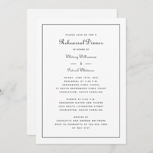 Rehearsal Dinner Black & White Wedding Elegant Kaart (Voorkant / Achterkant)