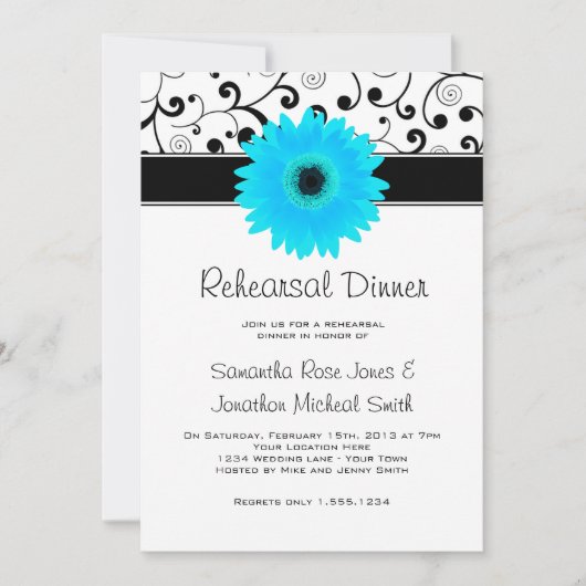 Rehearsal Dinner Blue Gerbera Daisy Black Scroll Kaart (Voorkant)