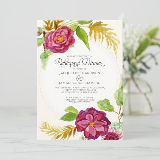 Rehearsal Dinner BOHO Burgundy Floral Herfst Rozen Kaart (Staand voorkant)
