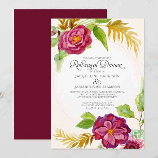 Rehearsal Dinner BOHO Burgundy Floral Herfst Rozen Kaart (Voorkant / Achterkant)