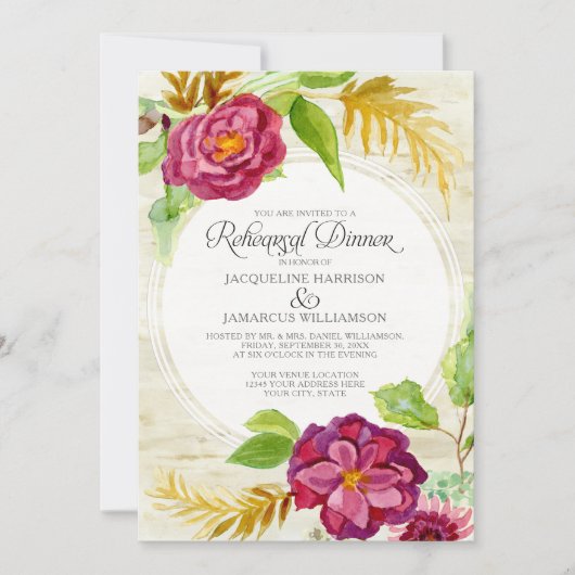 Rehearsal Dinner BOHO Burgundy Floral Herfst Rozen Kaart (Voorkant)