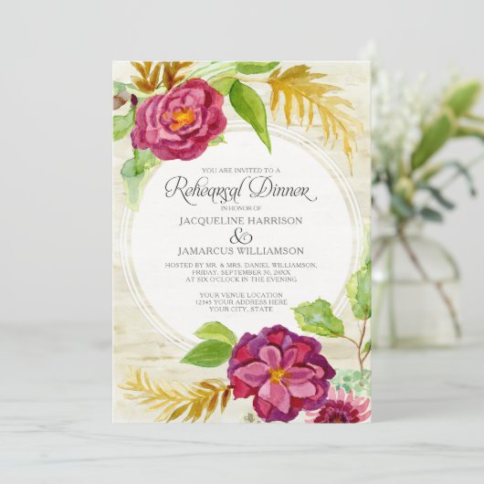 Rehearsal Dinner BOHO Burgundy Floral Herfst Rozen Kaart (Staand voorkant)