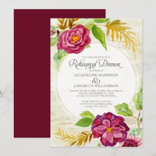 Rehearsal Dinner BOHO Burgundy Floral Herfst Rozen Kaart (Voorkant / Achterkant)