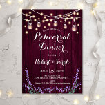 Rehearsal Dinner - Burgundy Lavender Kaart<br><div class="desc">repetitie binnenuitnodiging. Robuust stijlontwerp met maroon-hout,  sprookjeslampen en moeraspotten. Met stijlvolle scriptlettertypen en lavender bloemen. Stuur me een bericht als je nog meer aanpassingen nodig hebt.</div>