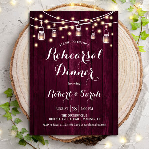 Rehearsal Dinner - Burgundy Rustic Wood Kaart