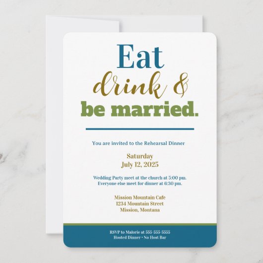 Rehearsal Dinner Eat Drink and Be Married Purple Kaart (Voorkant)