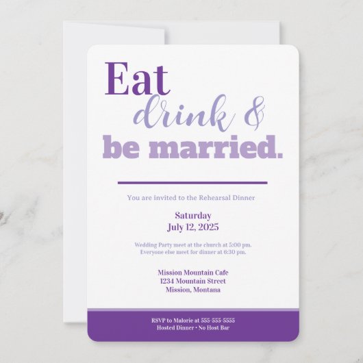 Rehearsal Dinner Eat Drink and Be Married Purple Kaart (Voorkant)
