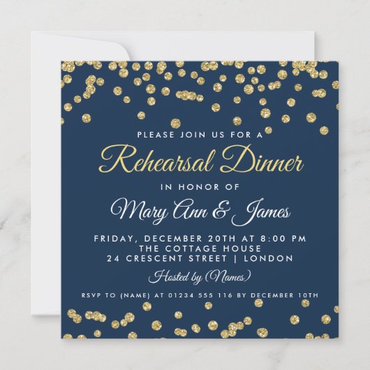 Rehearsal Dinner Gold Faux Glitter Confetti Navy Kaart (Voorkant)