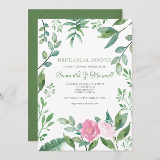 Rehearsal Dinner Invitation Greenery & Roses Kaart (Voorkant / Achterkant)