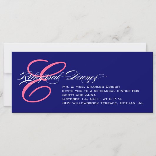 Rehearsal Dinner Invitation Navy Pink Monogram Kaart (Voorkant)