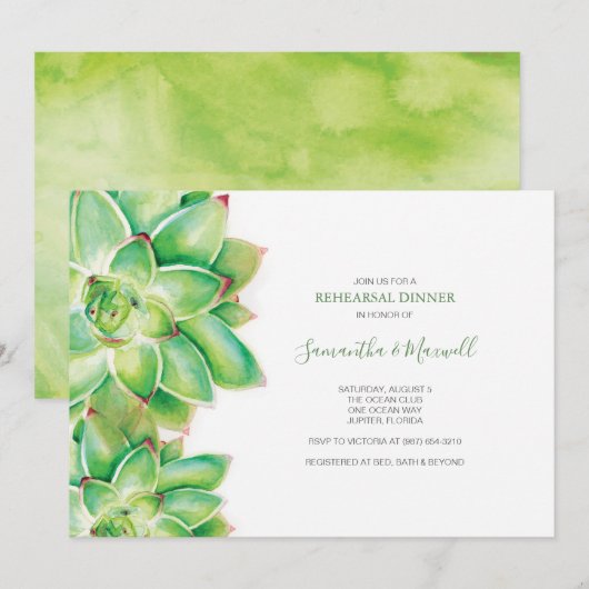 REHEARSAL DINNER Invitation, Waterverf Succulent Kaart (Voorkant / Achterkant)
