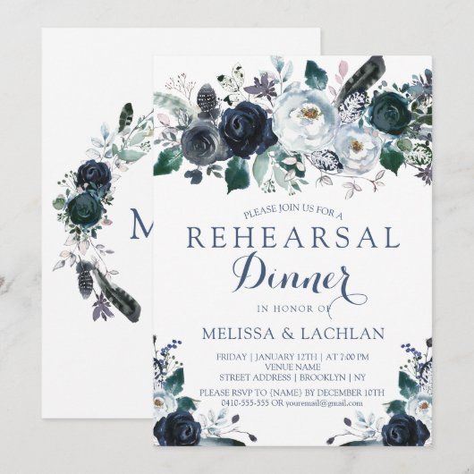 Rehearsal Dinner Invitations Navy Peonies Wedding Kaart (Voorkant / Achterkant)