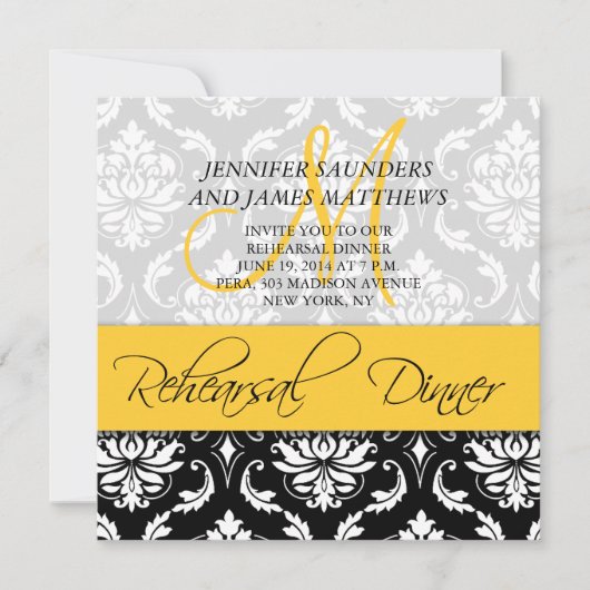 Rehearsal Dinner Invite Damask Monogram Geel Kaart (Voorkant)