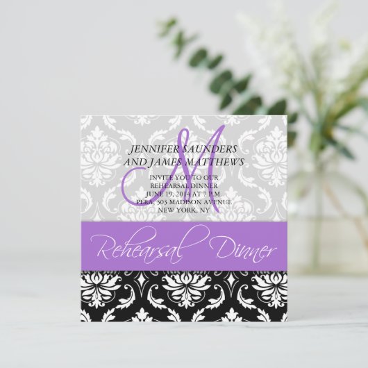 Rehearsal Dinner Invite Damask Monogram Lavender Kaart (Staand voorkant)