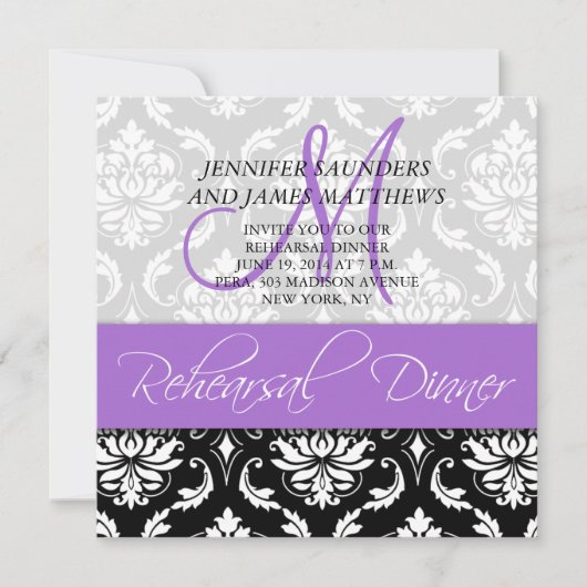 Rehearsal Dinner Invite Damask Monogram Lavender Kaart (Voorkant)