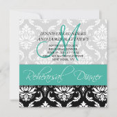 Rehearsal Dinner Invite Damask Monogram Turquoise Kaart (Voorkant)