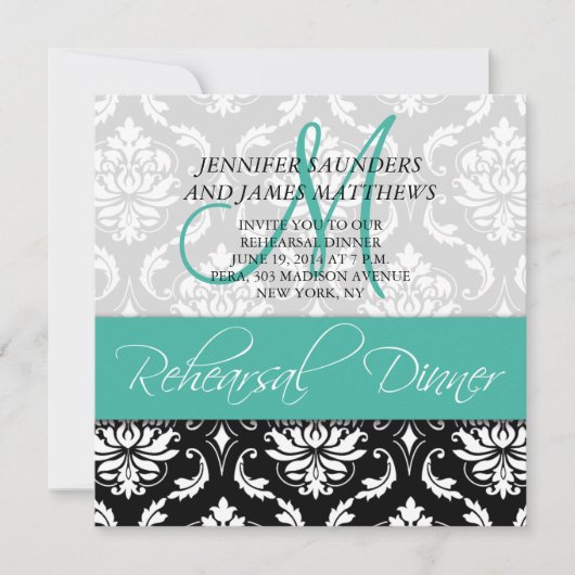 Rehearsal Dinner Invite Damask Monogram Turquoise Kaart (Voorkant)