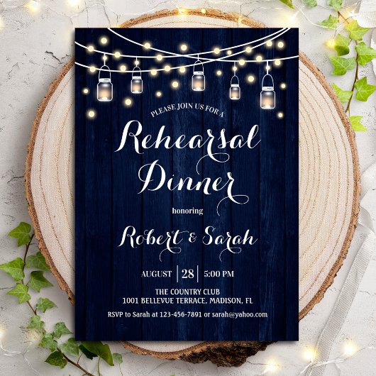 Rehearsal Dinner - Navy Blue Rustic Wood Kaart