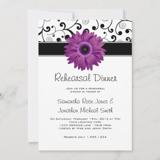 Rehearsal Dinner Paars Gerbera Daisy Black Scroll Kaart (Voorkant)