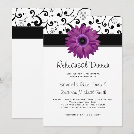 Rehearsal Dinner Paars Gerbera Daisy Black Scroll Kaart (Voorkant / Achterkant)