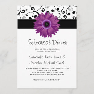 Rehearsal Dinner Paars Gerbera Daisy Black Scroll Kaart