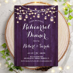 Rehearsal Dinner - Paars Rustisch Hout Kaart<br><div class="desc">Rehearsal Dinner Invitation - Rustic Paars Wood. Robuust stijlontwerp met paars lavenderhout,  sproeiende snaarlampen en moeraspotten. Stuur me een bericht als je nog meer aanpassingen nodig hebt.</div>