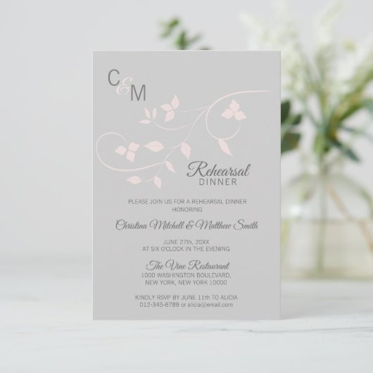 REHEARSAL DINNER Pastel Roos Roze Grijs Bruiloft Kaart (Staand voorkant)