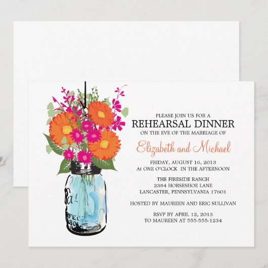 Rehearsal Dinner Rustic Mason Jar Gerber Daisies Kaart (Voorkant / Achterkant)