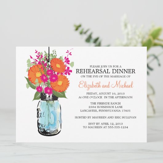 Rehearsal Dinner Rustic Mason Jar Gerber Daisies Kaart (Staand voorkant)