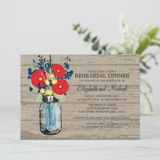 Rehearsal Dinner Rustic Mason Jar Gerber Daisies Kaart (Staand voorkant)