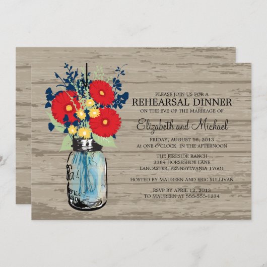 Rehearsal Dinner Rustic Mason Jar Gerber Daisies Kaart (Voorkant / Achterkant)