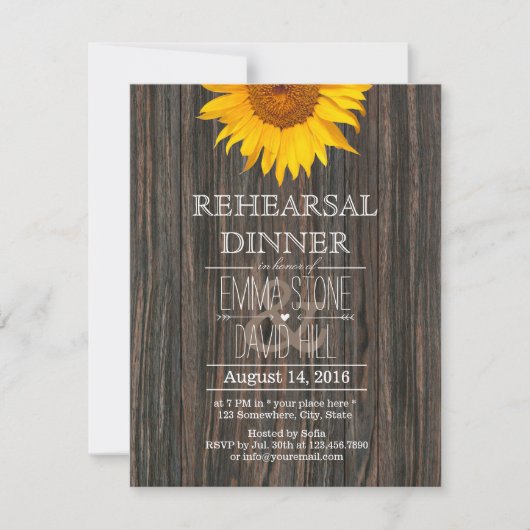 Rehearsal Dinner Rustic Sunflower Classy Wood Kaart (Voorkant)