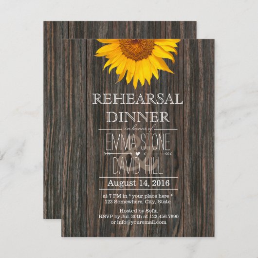 Rehearsal Dinner Rustic Sunflower Classy Wood Kaart (Voorkant / Achterkant)