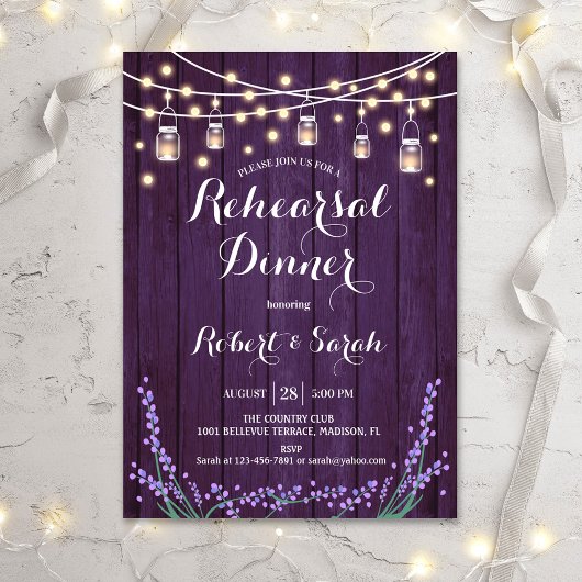 Rehearsal Dinner - Rustic Wood Lavender Kaart