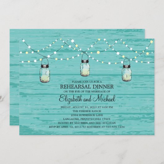 Rehearsal Dinner Rustic Wood Mason Jar and Lights Kaart (Voorkant / Achterkant)