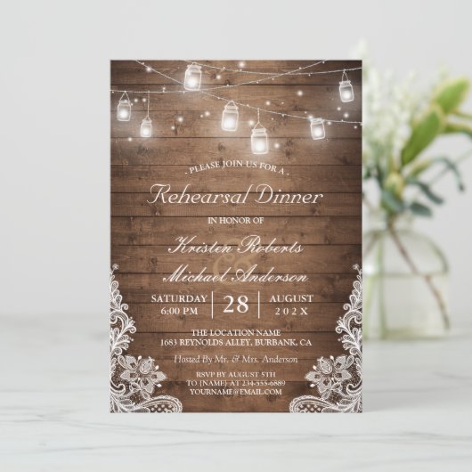 Rehearsal Dinner Rustic Wood Mason Jar Lights Lace Kaart (Staand voorkant)