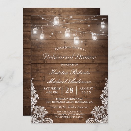 Rehearsal Dinner Rustic Wood Mason Jar Lights Lace Kaart (Voorkant / Achterkant)