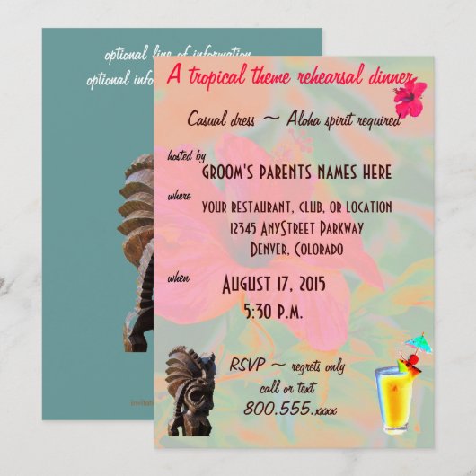 Rehearsal Dinner Tropical Tiki Theme Kaart (Voorkant / Achterkant)