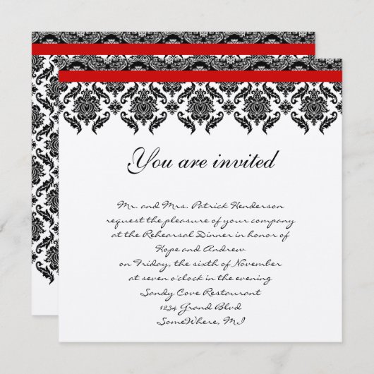 Rehearsal Dinner Uitnodiging -  Black Damask (Voorkant / Achterkant)