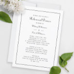 Rehearsal Dinner Wedding Elegant Black & White Kaart<br><div class="desc">Klassieke trouwrepetitie-etenontwerp kenmerkt elegant manuscript in verfijnd zwart op een scherpe witte achtergrond. De achterkant van de uitnodiging komt overeen en is stevig in zwart. Woorden zijn geschikt voor een traditioneel en formeel kerkhuwelijk. Gebruik de eenvoudige moderne sjabloon om voorbeeldtekst met uw details te vervangen. Aangepaste aanvragen voor kleuren zijn...</div>