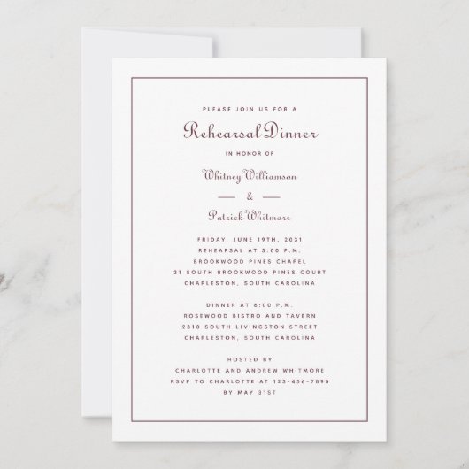 Rehearsal Dinner Wedding Elegant Script Burgundy Kaart (Voorkant)