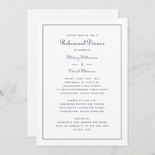 Rehearsal Dinner Wedding Elegant Script Navy Blue Kaart (Voorkant / Achterkant)